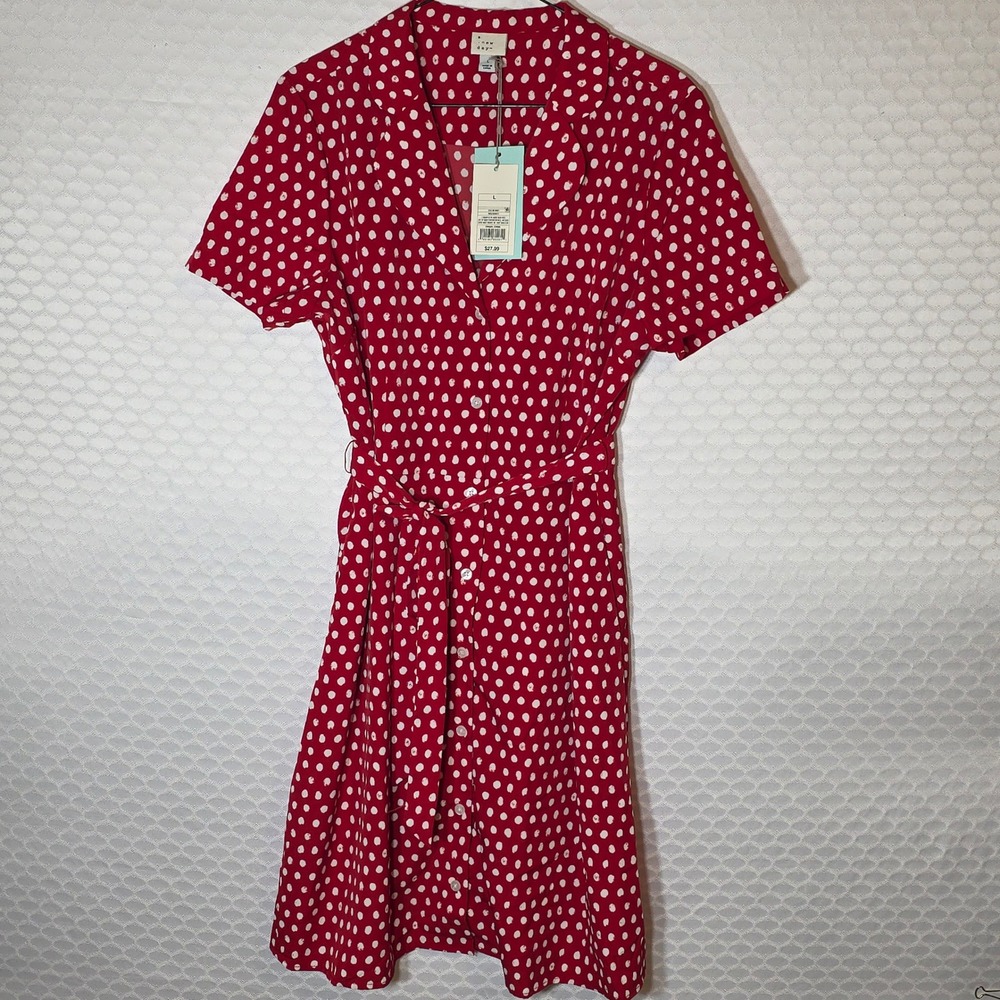 A New Day Red Polka Dot Button Down Tie Waist Midi Shirt Dress Womens Large NWT